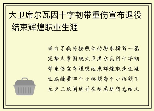 大卫席尔瓦因十字韧带重伤宣布退役 结束辉煌职业生涯