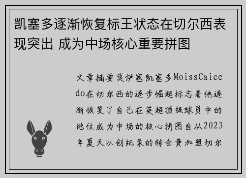 凯塞多逐渐恢复标王状态在切尔西表现突出 成为中场核心重要拼图