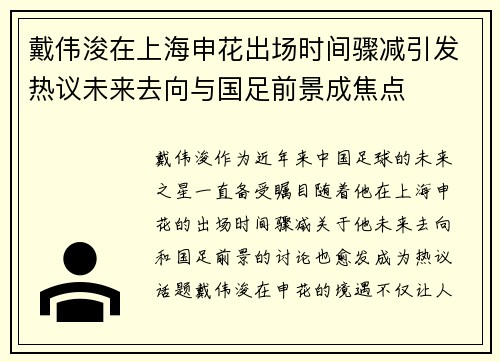 戴伟浚在上海申花出场时间骤减引发热议未来去向与国足前景成焦点